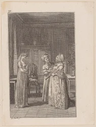 Adolphine, fertig angekleidet, belächelt das altmodische Kleid der Mutter, Blatt 4 zur Erzählung „Die Angebinde“