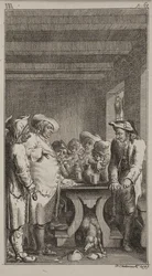 Des Scherers Hund leckt das gefärbte Wasser aus einem zerbrochenen Gefäß unter dem Tisch, um den 4 Bauern sitzen und 3 stehen, die Tabak rauchen und trinken. ob. III, S. 61.