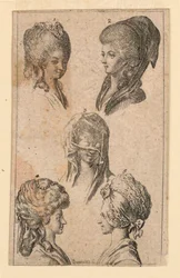 Fünf Kopfbedeckungen, wie sie von Berliner Frauen getragen werden, Illustration für "Königl: Grosbrit [anische] Genealogischer Kalender auf das 1782 Jahr Lauenberg bey J.G. Berenberg"
