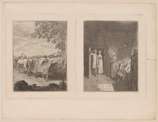 Hermann hat die Vertriebenen eingeholt [links]; Herrmann führt Dorothea in das Haus seiner Eltern [rechts]