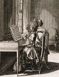 Musik, Frau spielt das Spinett, von Daniel Niklaus Chodowiecki (1726-1801), aus Occupations des dames, Deutschland, Polen