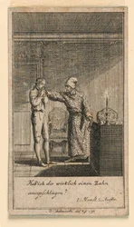 Die Ohrfeige, Illustration des Stücks "Nicht mehr als sechs Schüsseln" von Friedrich Wilhelm Grossmann in "Königl: Grosbrit [anische] Genealogischer Kalender auf das 1782 Jahr Lauenberg bei J.G. Berenberg"
