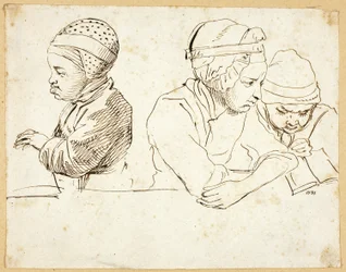 Drei Kinder (recto); Skizzen von Kopf, Augen, Lippen und Blumen (verso)