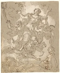 St. Rosalia in Herrlichkeit mit sterbenden und laufenden Figuren und einem männlichen Halbporträt darunter