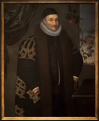 Wilhelm von Oranien (1533-1584). Wilhelm von Nassau, Prinz von Oranien, bekannt als Wilhelm der Schweigsame, Gründer von Oranien-Nassau, dargestellt vor der Stadt Delft (Niederlande)