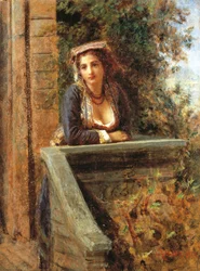 Junges Mädchen am Fenster oder junge Frau auf dem Balkon