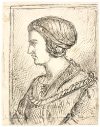 Brustbild einer Frau im Profil, gekleidet in ein älteres Gewand