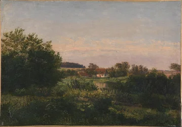 Landschaft mit einem Häuschen neben einem Teich