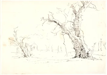 Landschaft mit großen Eichen, links einige Häuser