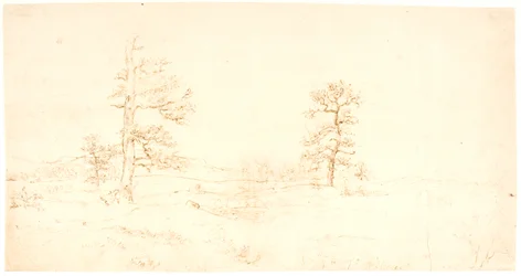 Aussicht über eine hügelige Landschaft mit ein paar einsamen Eichen