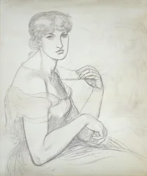 Eine sitzende Frau, die eine Halskette hält, rechts eine weitere weibliche Figur
