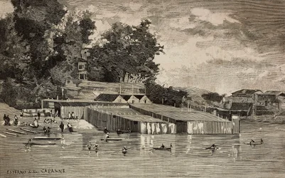 Badeanstalt, öffentliche Bäder des Tiber in Rom, Italien, Gravur nach einer Zeichnung von Dante Paolocci, aus L