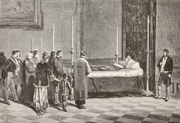 Leichnam von Kardinal Giacomo Antonelli aufgebahrt in einem der Räume im Vatikan, Gravur nach einer Zeichnung von Dante Paolocci, aus L