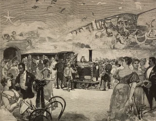 Karnevalsfeier im Internationalen Künstlerklub (Circolo Artistico) in Rom, Italien, Stich nach einer Zeichnung von Dante Paolocci, aus L