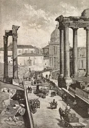 Durchgang durch das Forum, Rom, Italien, Gravur nach einer Zeichnung von Dante Paolocci, aus L