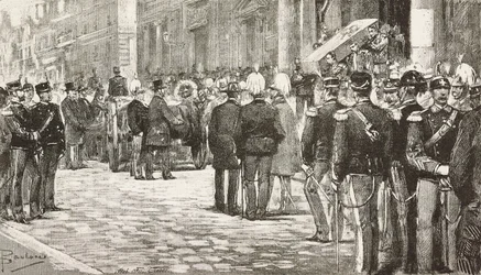 Politiker und Offiziere bei der Trauerprozession von Luigi Mezzacapo (1814-1885), italienischer Politiker und Offizier, Rom, Italien, Gravur nach einer Zeichnung von Dante Paolocci, aus L