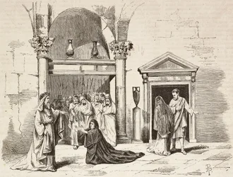 Kabinett des Papstes im Palast, Postumia bittet Fabio Massimo, Rom Vaincue von Alexandre Parodi, Akt V, Gravur von Dante Paolocci nach Skizzen von Zandomenico, aus L