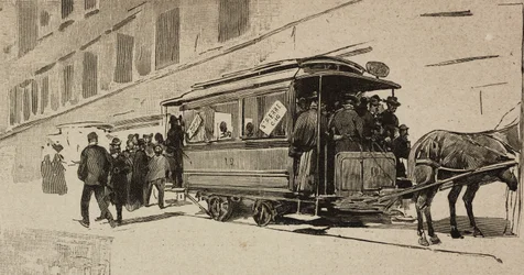 Straßenbahn nach St. Peter anlässlich des bischöflichen Jubiläums von Leo XIII., Rom, Italien (Stich nach einer Zeichnung von Dante Paolocci)