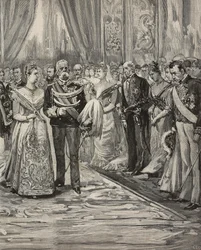 Umberto I. und Margherita von Savoyen bei einem Konzert anlässlich ihrer Silberhochzeit, Palazzo del Quirinale, Rom, Italien (Stich nach einer Zeichnung von Dante Paolocci)