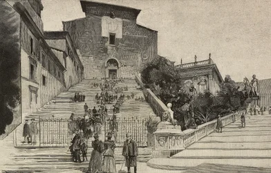 Ansicht der Basilika Santa Maria in Aracoeli, Rom, Italien (Stich nach einer Zeichnung von Dante Paolocci)