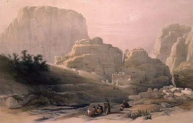Unteres Ende des Tals mit der Akropolis, Petra, 9. März 1839, Tafel 102 aus Band III von 