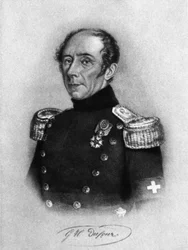 Porträt von Guillaume-Henri Dufour (1787-1875), Schweizer General, Ingenieur, Topograf und Mitbegründer des Internationalen Komitees vom Roten Kreuz, Gravur nach Zeichnung von Karl Friedrich Irminger (1813-1863)