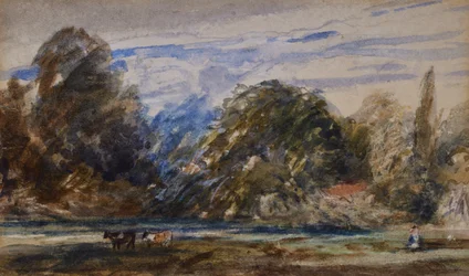 Landschaft mit Kühen und Figur