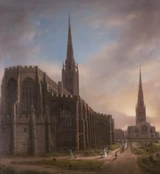 St. Michaels und Heilige Dreifaltigkeitskirchen, von Nordosten, Coventry, 1849