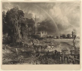 Kathedrale von Salisbury von den Wiesen: der Regenbogen