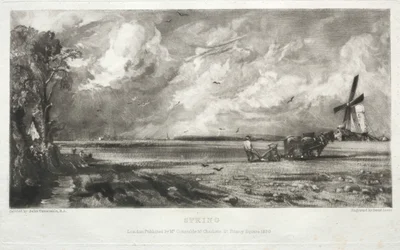 Verschiedene Landschaftsmotive, charakteristisch für englische Szenerien aus Bildern von John Constable, R.A.: Frühling. Eine Mühle auf einem Gemeindeland. Hagelschauer. East Bergholt, Suffolk