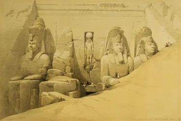 Vorderansicht des Großen Tempels von Abu Simbel, Nubien, Tafel 44 aus Band II von „Ägypten und Nubien“, gestochen von Louis Haghe (1806-85), veröffentlicht 1849