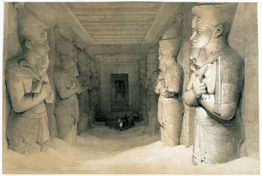Innenansicht des Tempels von Abu Simbel, Zeichnung vom 09.11.1836 in „Das Heilige Land“, London 1849