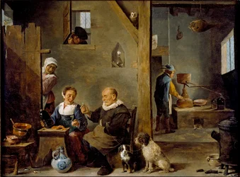 Eine Brennerei mit einem älteren Mann, der Gin von einer Frau kauft, ca. 1640-1649