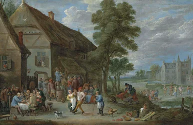 Bauern tanzen vor einem Gasthaus in Perck, mit dem Kasteel de Drij Toren im Hintergrund