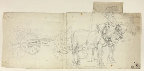 Zweispänner mit Fahrer, der Kutsche zieht (recto); Skizzen von sich bückenden Frauen (verso)