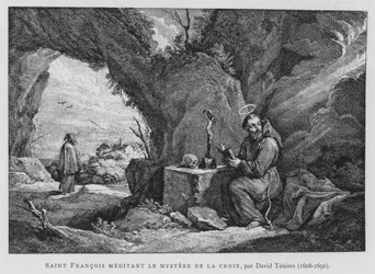 Der heilige Franziskus meditiert über das Geheimnis des Kreuzes