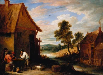 Eine Flusslandschaft mit Bauern vor einer Taverne