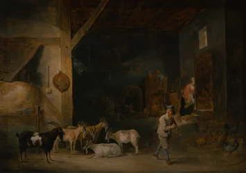 Scheune mit Ziegen und einem Jungen, der die Flöte spielt, um 1640-45