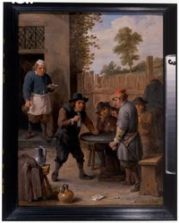 Bauern spielen Würfel vor einem Gasthaus