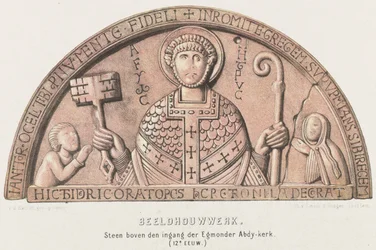 Tympanon von Egmond: Bogenfeld mit Petrus, Graf Dirk VI. von Holland und seiner Mutter Gräfin Petronella, ca. 1120