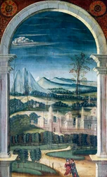 Perspektive, auf der Rückseite des Chorgestühls aus dem 16. Jahrhundert, Kirche des Heiligen Hieronymus, Biella, Italien