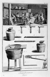 Innenraum eines Eisenwarenhändlers und Pläne von Instrumenten, 1751-1777