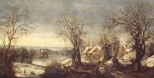 Weitläufige bewaldete Winterlandschaft mit Schlittschuhläufern auf einem zugefrorenen Wasserweg, ein Pilger und Schrein im Hintergrund
