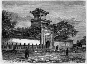 Moschee in Peking (Beijing) in den 1870er Jahren. Gravur nach einer Zeichnung von Deroy, in Le Tour du Monde, Nouveau journal des Voyages, herausgegeben von Edouard Charton, Paris