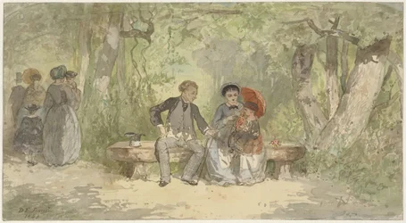 Mann, Frau und Kind auf einer Bank im Park