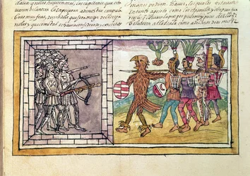 Codex Durán: Pedro de Alvarado (ca. 1485-1541), Waffengefährte von Hernán Cortés (1485-1547), von aztekischen Kriegern belagert