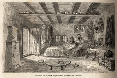 Ein Haus von Bauernbesitzern, in der Nähe von Orezu (Region Walachei, Rumänien). Gravur zur Illustration der Reise von Paris nach Bukarest, von Lancelot, Zeichner, 1860, veröffentlicht in „Le tour du monde, nouveau journal des voyages“, unter der Leitung v