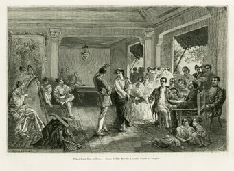 Fest in Santa Cruz de Nano. Gravur von Lancelot zur Illustration der Geschichte Lucon und Palaouan, sechs Jahre auf den Philippinen, von Alfred Marche (1844-1898), in Le Tour du monde 1886, herausgegeben von Edouard Charton (1807-1890), Hachette, Paris.