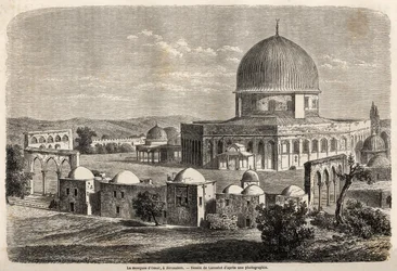 Die Moschee von Omar, erbaut 691 in Jerusalem, Zeichnung von Lancelot zur Illustration von Mr. Bidas Reise nach Palästina im Jahr 1856. Gravur in „Le tour du monde, nouveau journal des voyages“ Paris