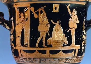 Rotfiguriger Glockenkrater: Szene aus einem Theaterstück (Detail)